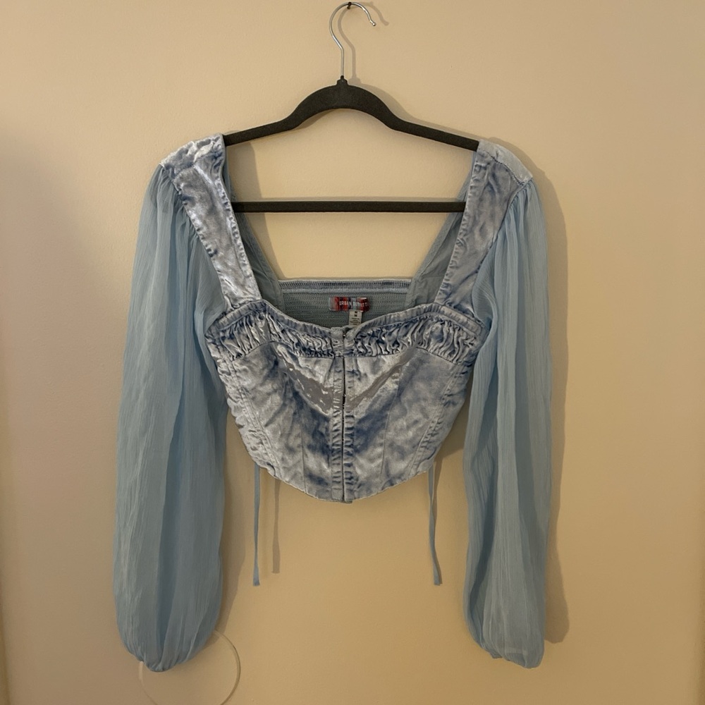 Blue velvet corset top with shears sleeves